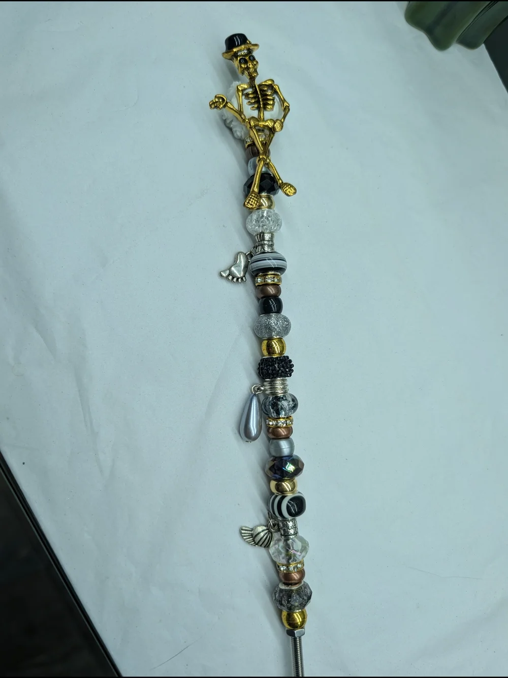 Hand Crafted Beaded Fairy Wand/Plant/Garden Stake W/Gold Blingy Skeleton Topper
